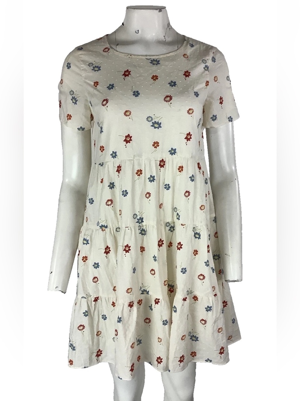 Madewell Sz S Short-Sleeve Tiered Mini Dress in Clipdot Floral Cotton Cream